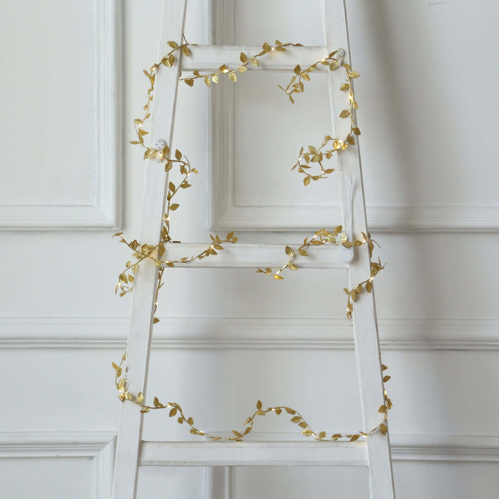 40 LED Garland String Lights Rose Leaf Design Metallic Gold Warm White - Battery Operated Hanging DÃ©cor 15ft - Bell Racket Store