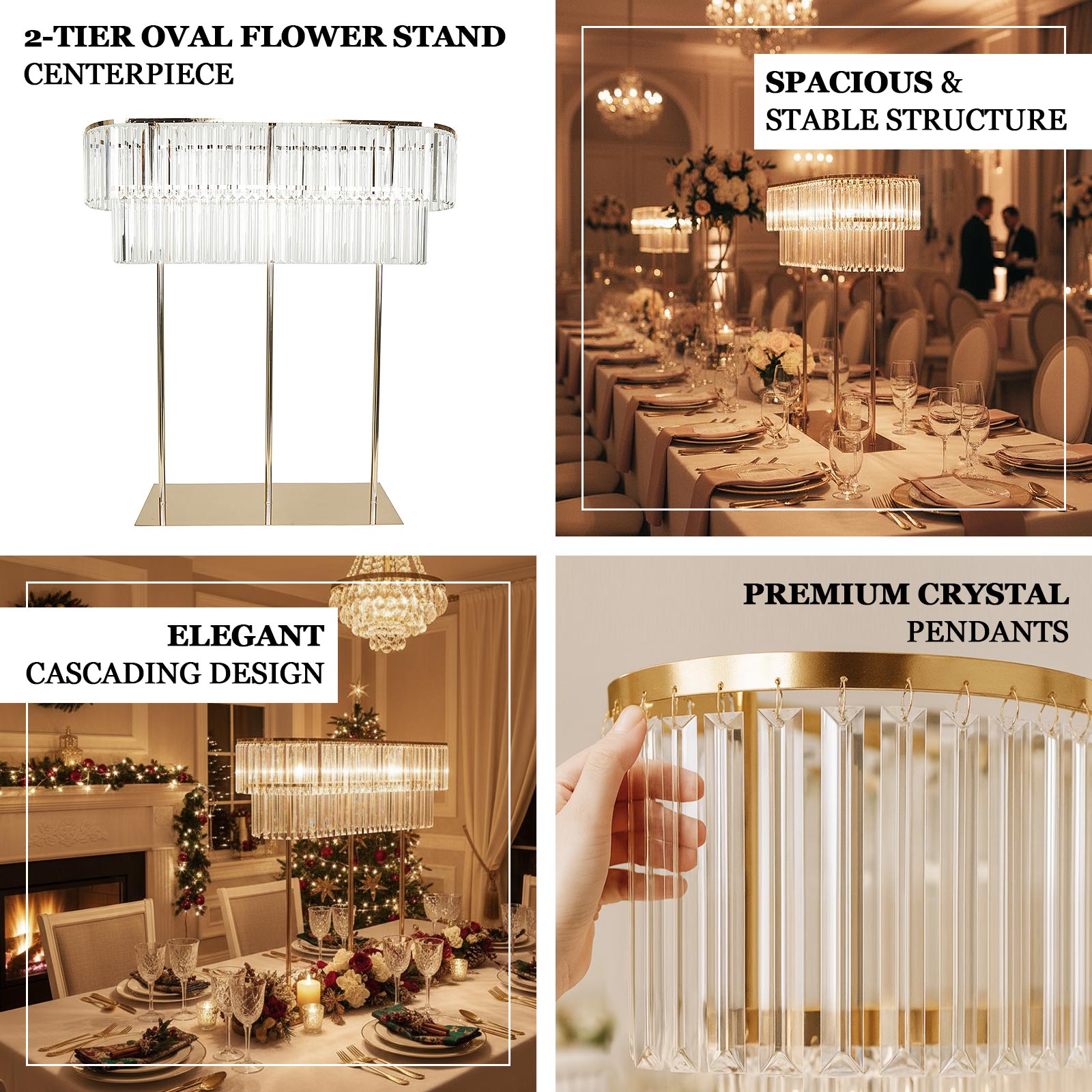 40"x40" Crystal Pendant 2 - Tier Flower Stand â€“ Gold Metal Table Centerpiece Pedestal with Drop Accents - Bell Racket Store