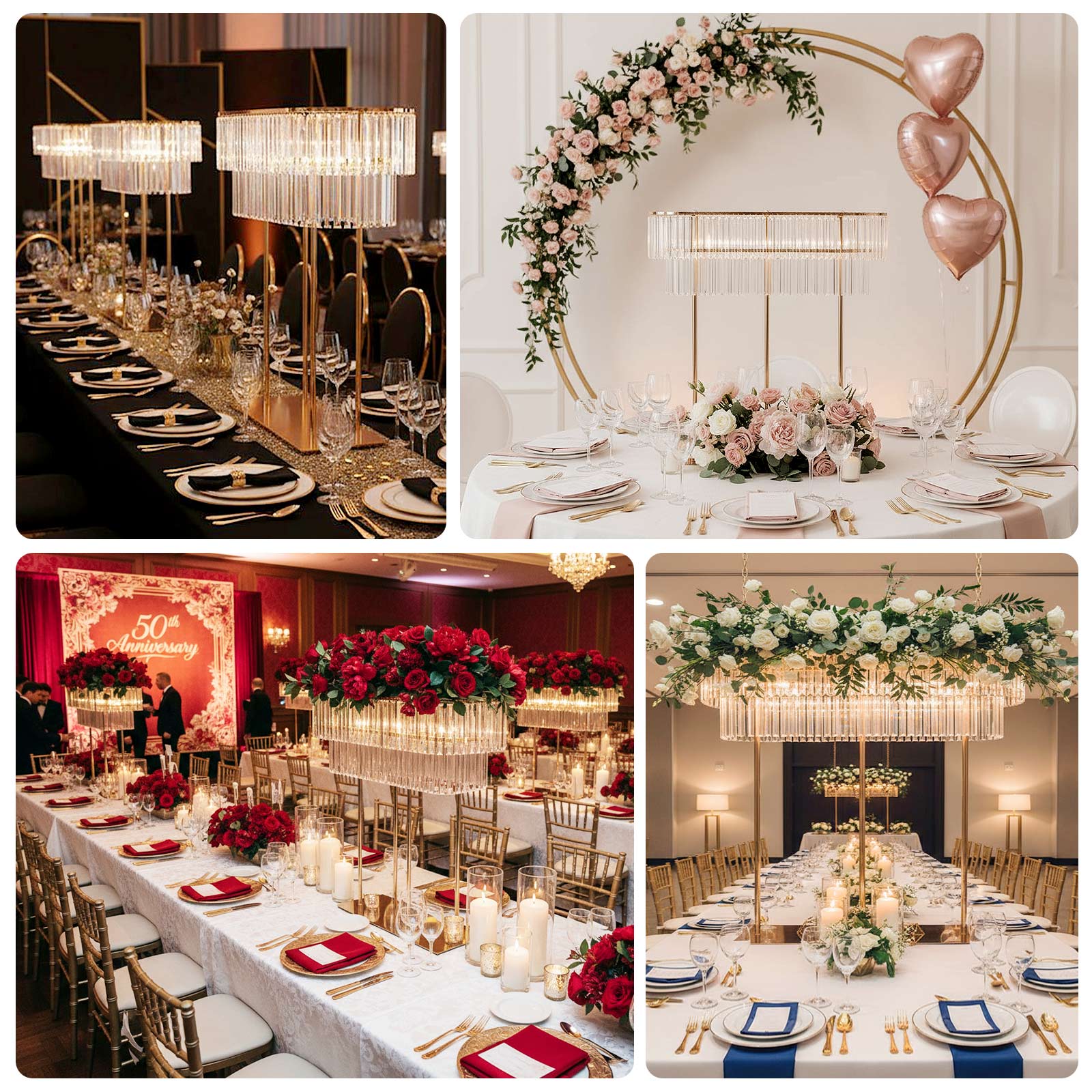 40"x40" Crystal Pendant 2 - Tier Flower Stand â€“ Gold Metal Table Centerpiece Pedestal with Drop Accents - Bell Racket Store