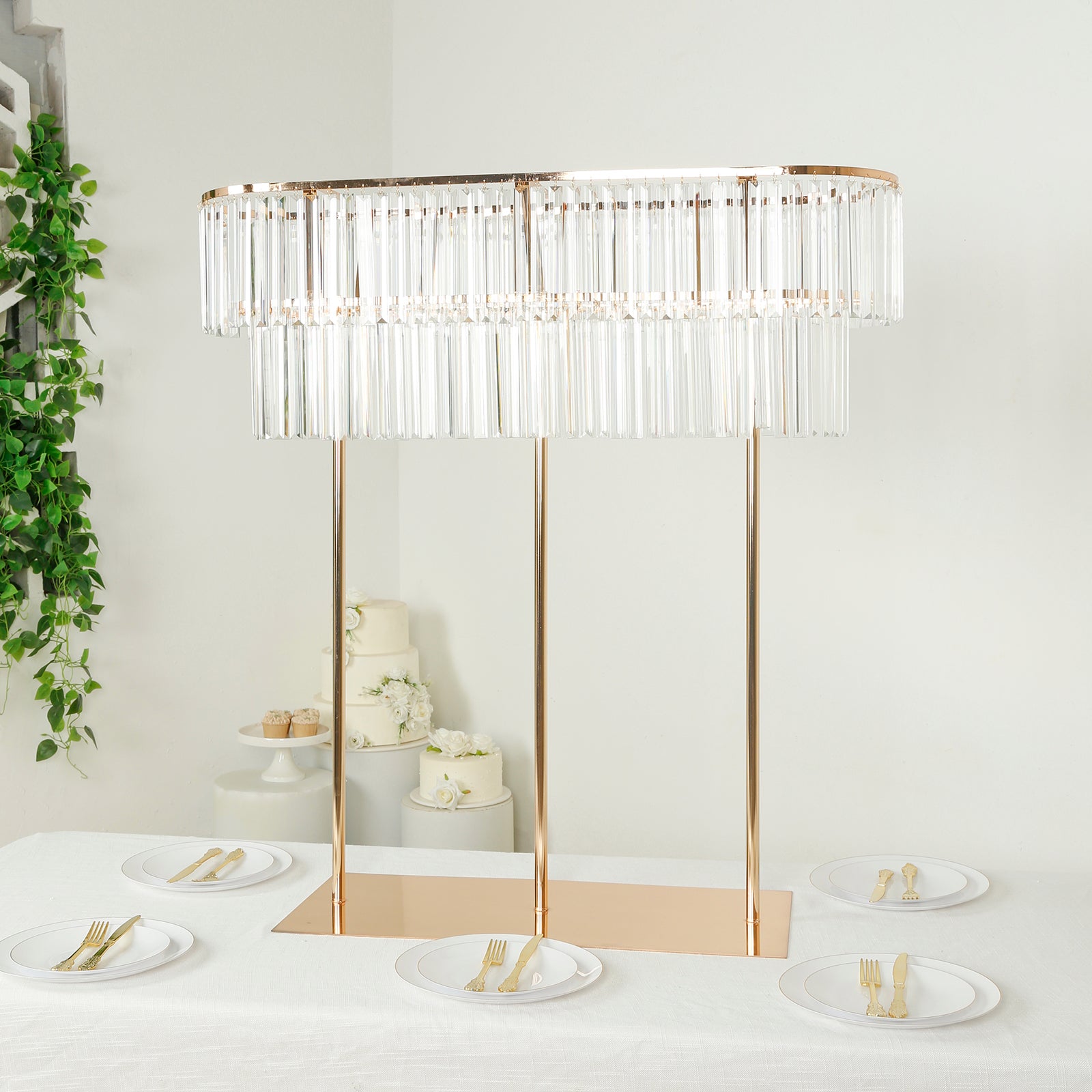 40"x40" Crystal Pendant 2 - Tier Flower Stand â€“ Gold Metal Table Centerpiece Pedestal with Drop Accents - Bell Racket Store