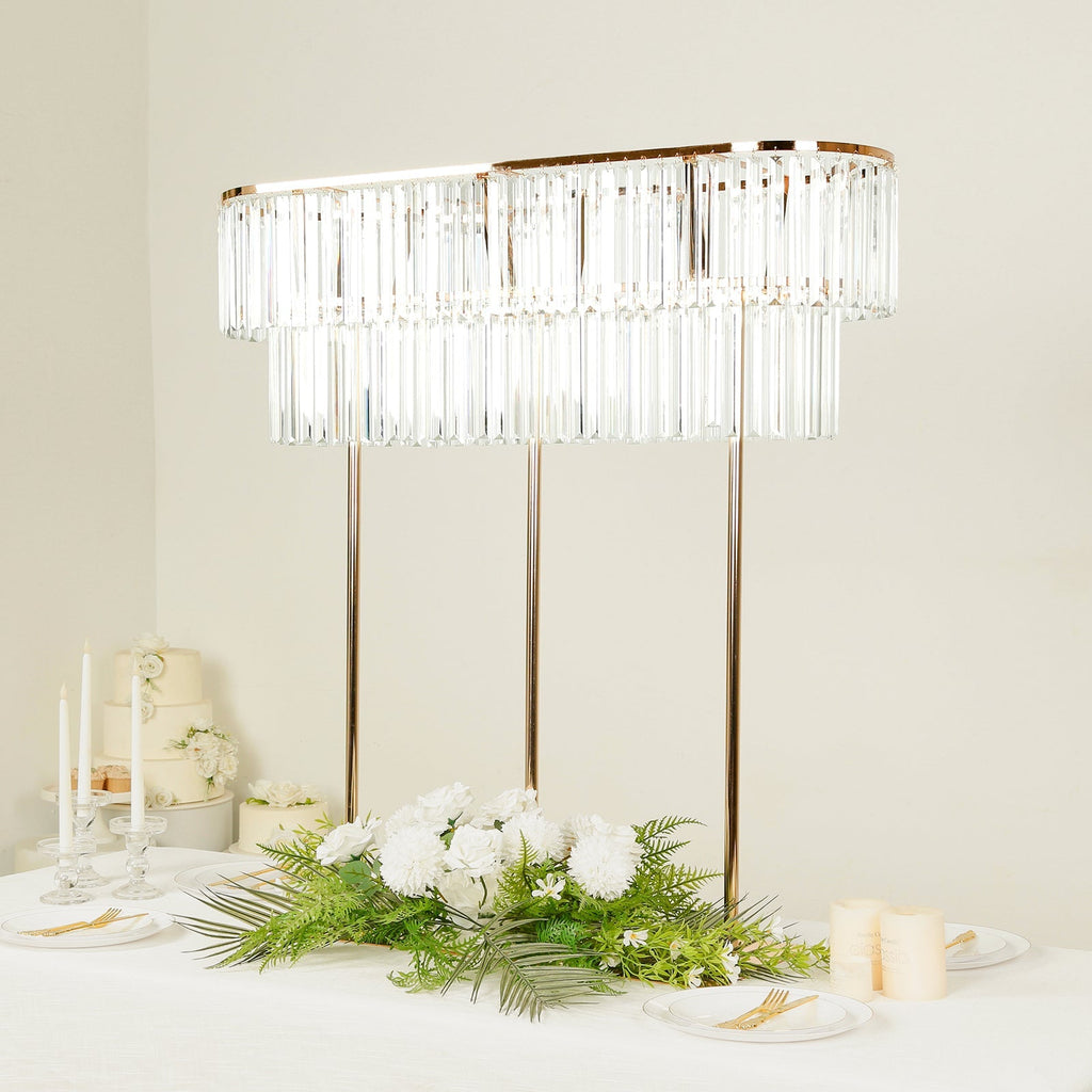 40"x40" Crystal Pendant 2 - Tier Flower Stand â€“ Gold Metal Table Centerpiece Pedestal with Drop Accents - Bell Racket Store