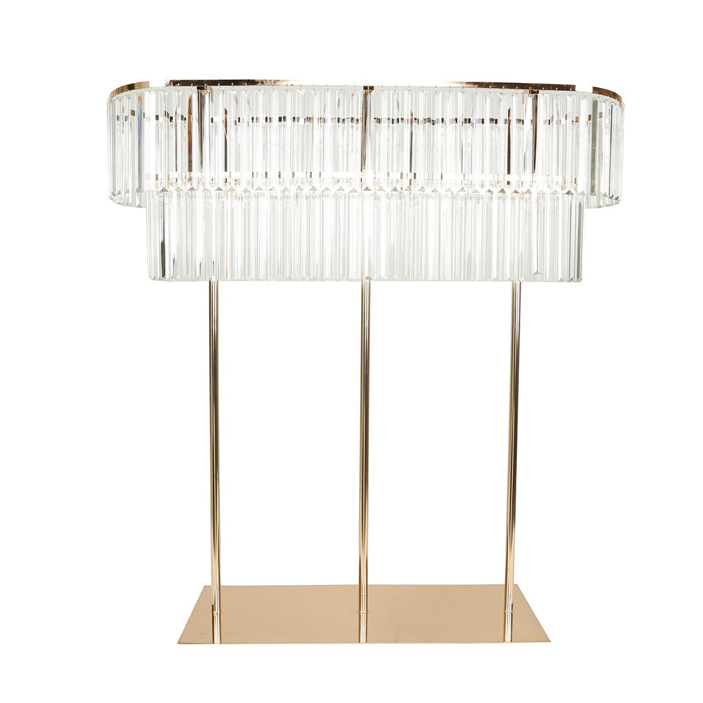 40"x40" Crystal Pendant 2 - Tier Flower Stand â€“ Gold Metal Table Centerpiece Pedestal with Drop Accents - Bell Racket Store