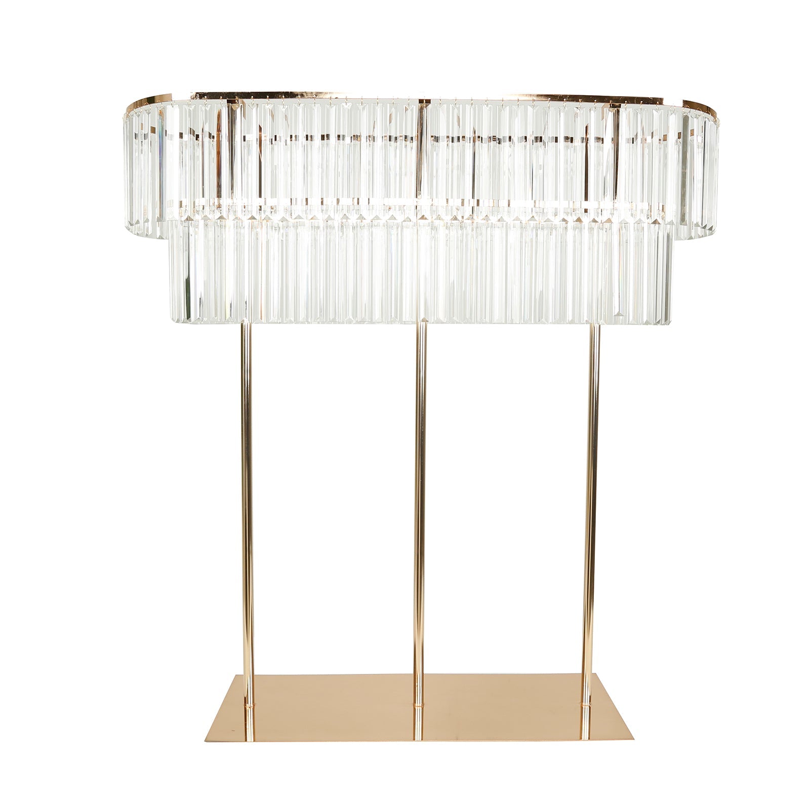 40"x40" Crystal Pendant 2 - Tier Flower Stand â€“ Gold Metal Table Centerpiece Pedestal with Drop Accents - Bell Racket Store