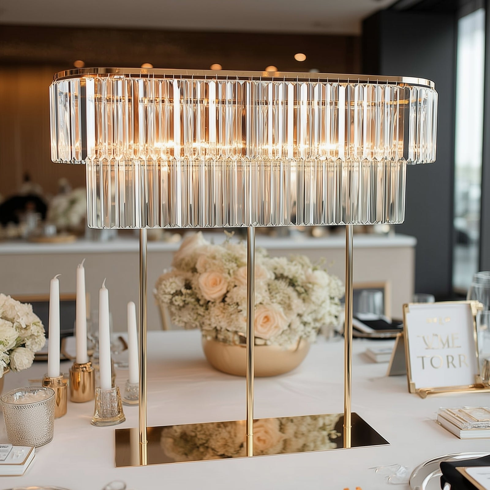 40"x40" Crystal Pendant 2 - Tier Flower Stand â€“ Gold Metal Table Centerpiece Pedestal with Drop Accents - Bell Racket Store