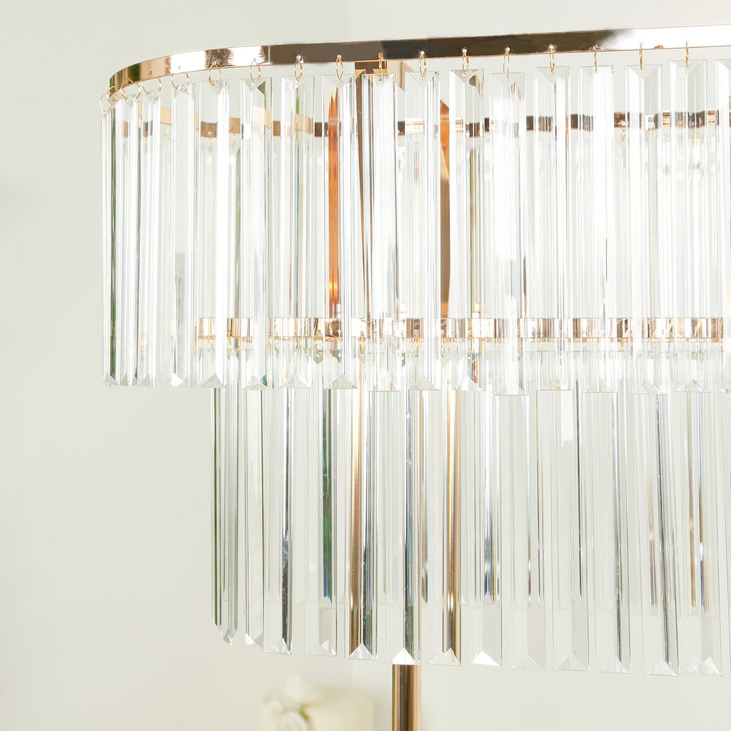 40"x40" Crystal Pendant 2 - Tier Flower Stand â€“ Gold Metal Table Centerpiece Pedestal with Drop Accents - Bell Racket Store