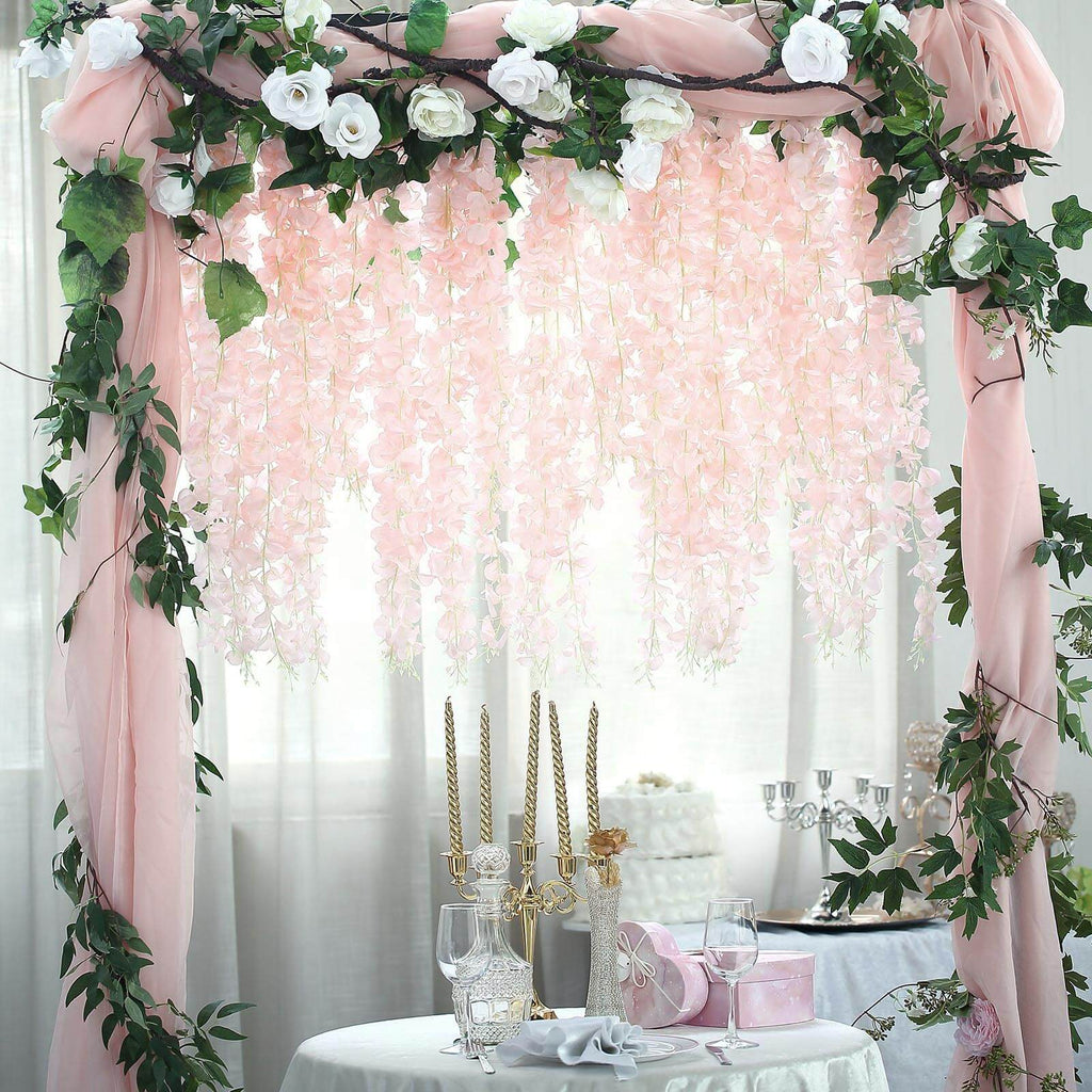 42" Silk Hanging Wisteria Flower Garland Vines in Blush, Elaborated 5 Full Strands in 1 Bush