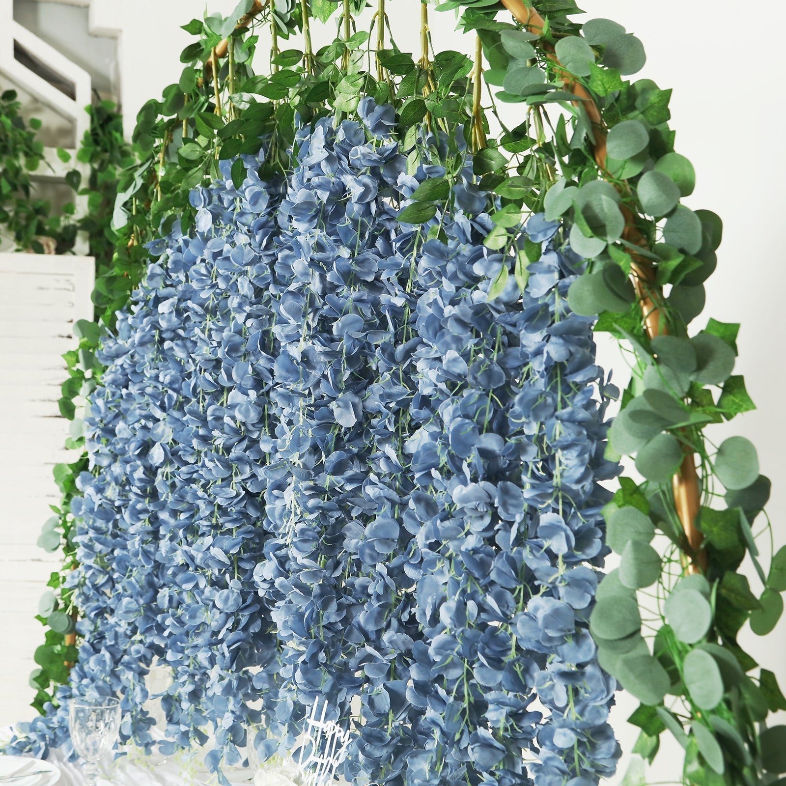 42" Silk Hanging Wisteria Flower Garland Vines in Dusty Blue, Elaborated 5 Full Strands in 1 Bush - Bell Racket Store