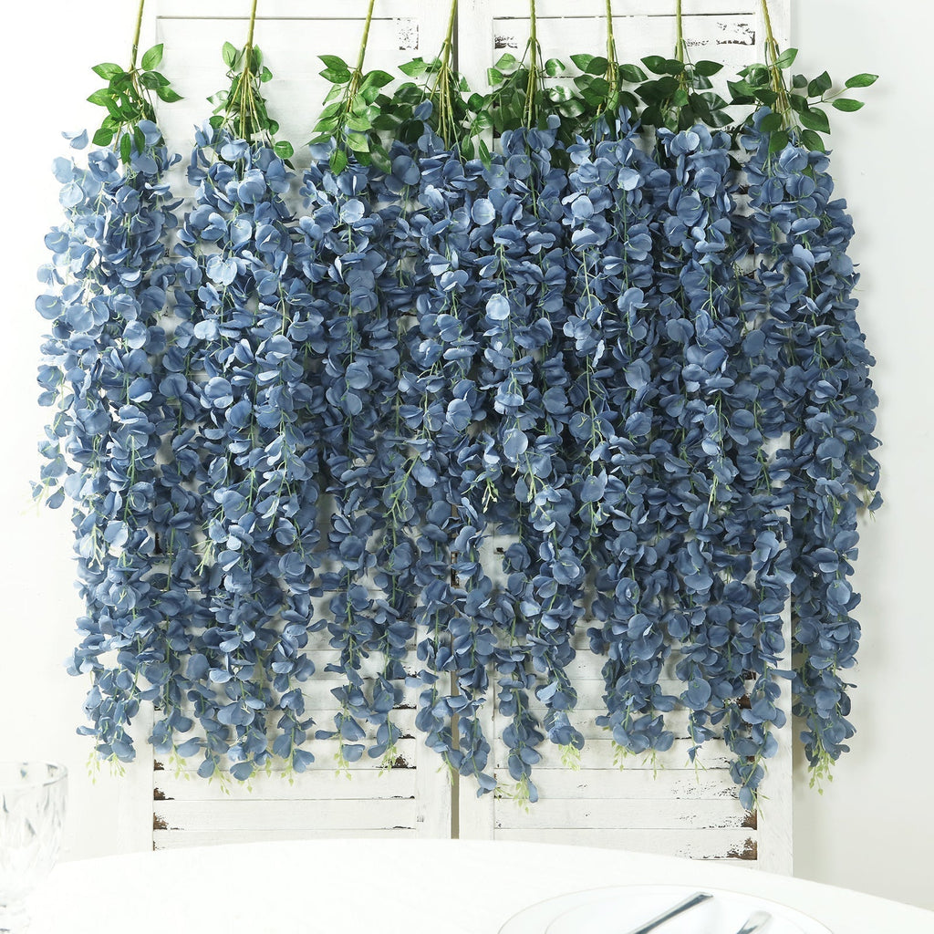42" Silk Hanging Wisteria Flower Garland Vines in Dusty Blue, Elaborated 5 Full Strands in 1 Bush - Bell Racket Store