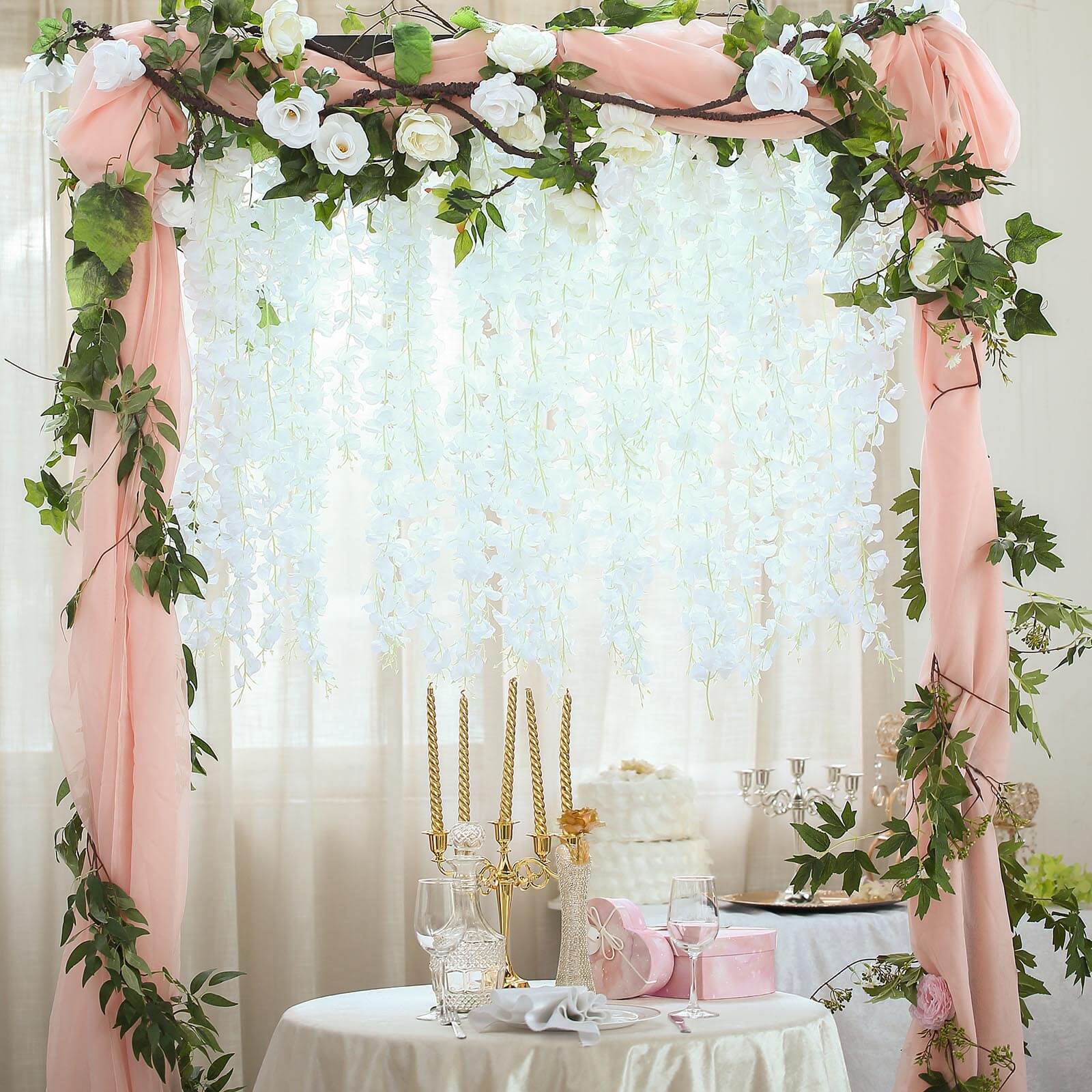 42" Silk Hanging Wisteria Flower Garland Vines in White, Elaborated 5 Full Strands in 1 Bush