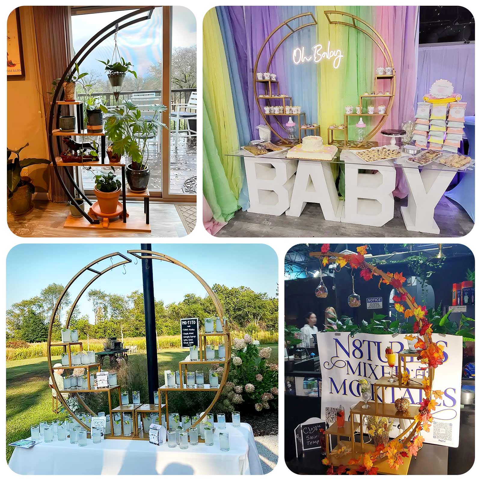 4.5ft Gold Metal 4 - Tier Half Moon Cupcake Dessert Display Stand, Hanging Plant Rack With Shelves - Bell Racket Store