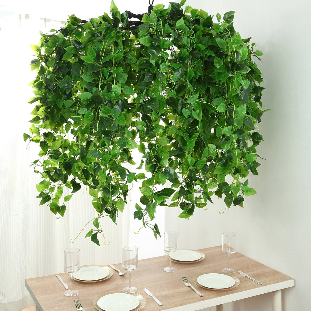46" Green Artificial Eucalyptus Leaf Vines Ceiling Canopy, Round Draping Ivy Leaves Hanging Flower Chandelier With Interchangeable Branches - Bell Racket Store