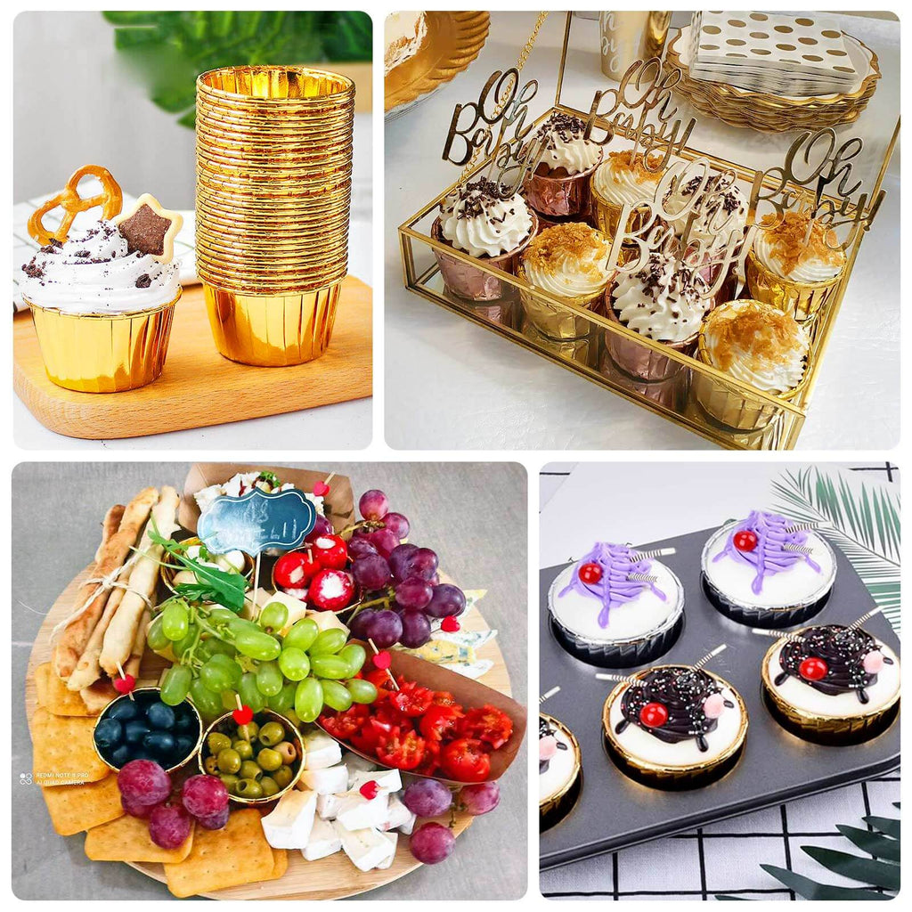 48 - Pack Cupcake Liners Metallic Gold - Sturdy & Oil Proof Dessert Baking Muffin Cake Ramekin Cups 3oz - Bell Racket Store