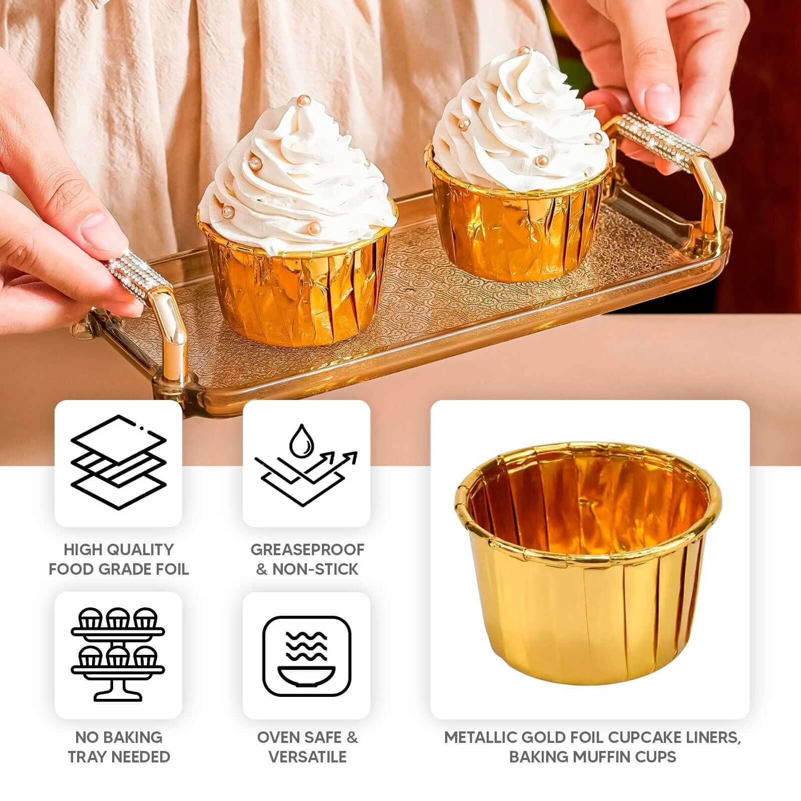 48 - Pack Cupcake Liners Metallic Gold - Sturdy & Oil Proof Dessert Baking Muffin Cake Ramekin Cups 3oz - Bell Racket Store