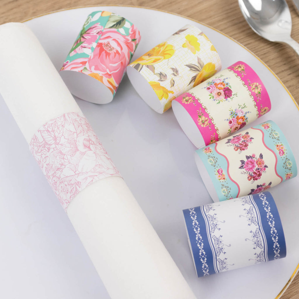 48 - Pack Disposable Napkin Rings in Mixed Vintage Floral â€“ Elegant Paper Napkin Holder Bands for Tea Parties, Weddings & Special Occasions - Bell Racket Store