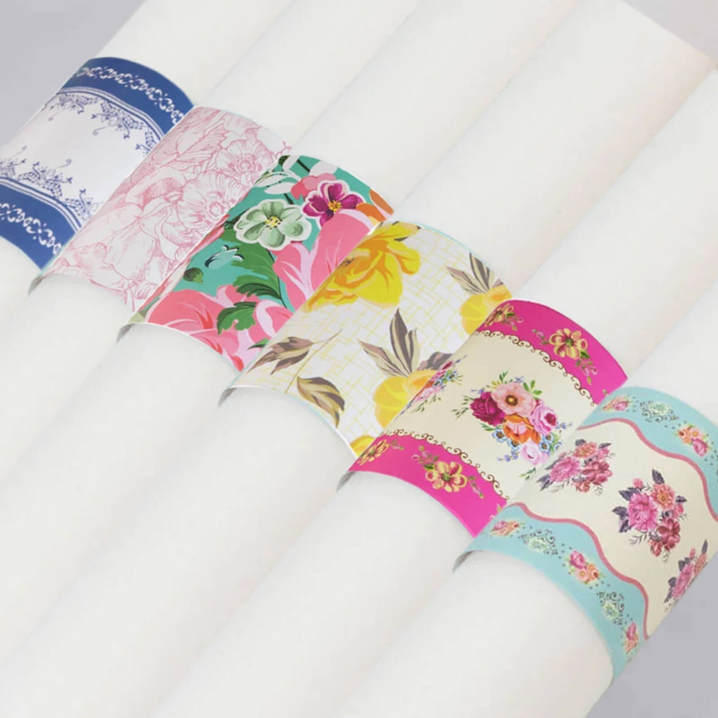 48 - Pack Disposable Napkin Rings in Mixed Vintage Floral â€“ Elegant Paper Napkin Holder Bands for Tea Parties, Weddings & Special Occasions - Bell Racket Store