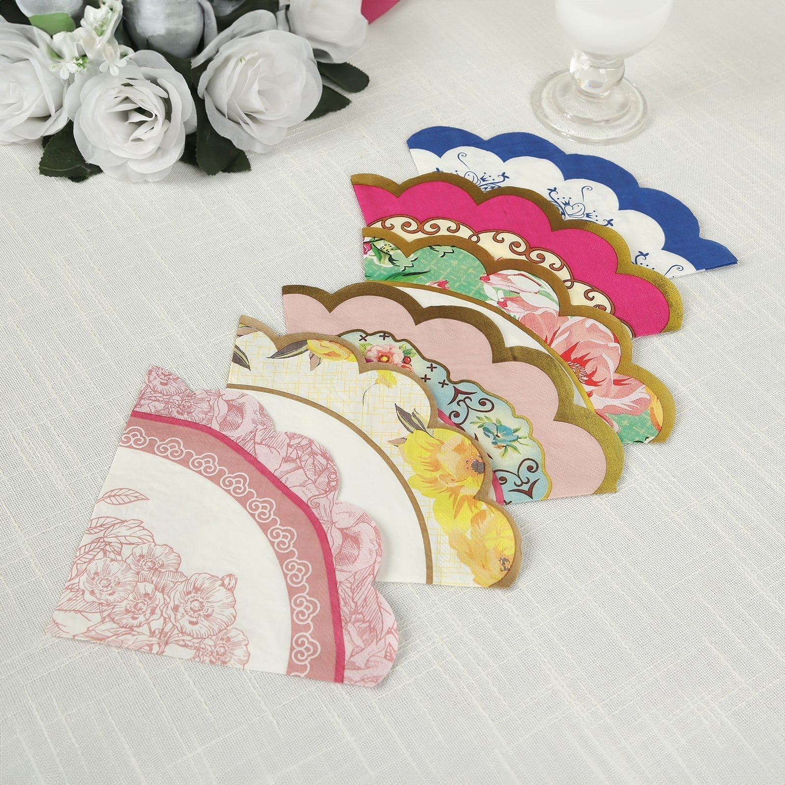 48 - Pack Round Paper Cocktail Napkins with Vintage Floral Mixed Design and Scalloped Edges - Soft 2 Ply Disposable Napkins 6.25"x6.25" - Bell Racket Store