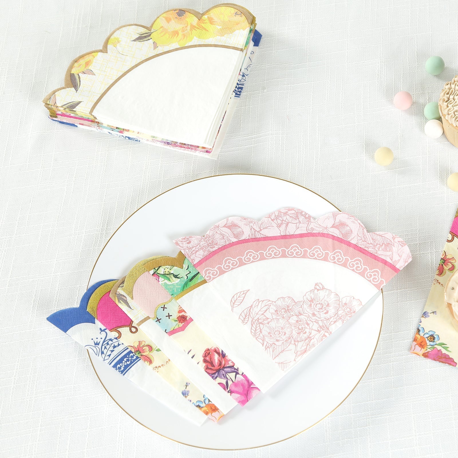 48 - Pack Round Paper Cocktail Napkins with Vintage Floral Mixed Design and Scalloped Edges - Soft 2 Ply Disposable Napkins 6.25"x6.25" - Bell Racket Store