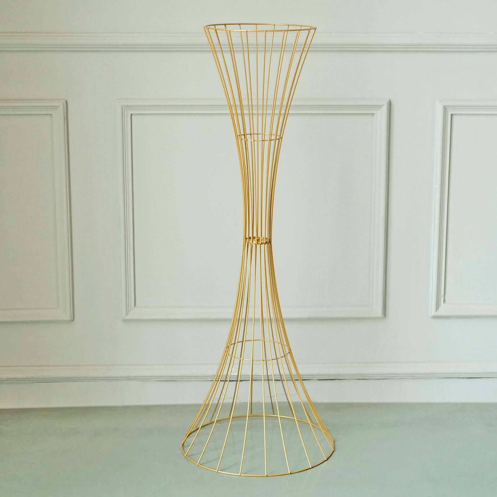 48" Tall Gold Metal Wire Hourglass Flower Frame Stand, Open Frame Reversible Trumpet Centerpiece Stand - Bell Racket Store