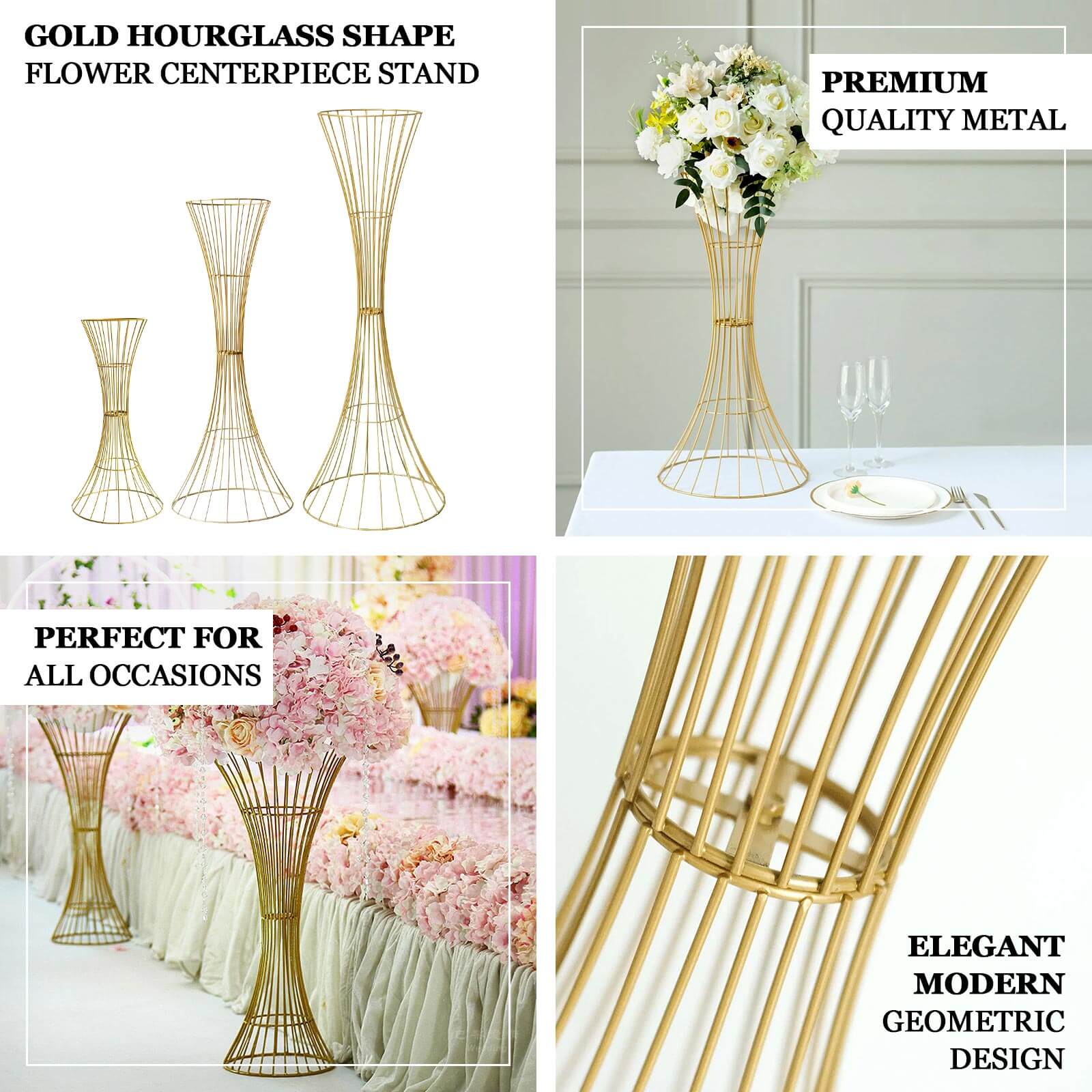 48" Tall Gold Metal Wire Hourglass Flower Frame Stand, Open Frame Reversible Trumpet Centerpiece Stand - Bell Racket Store