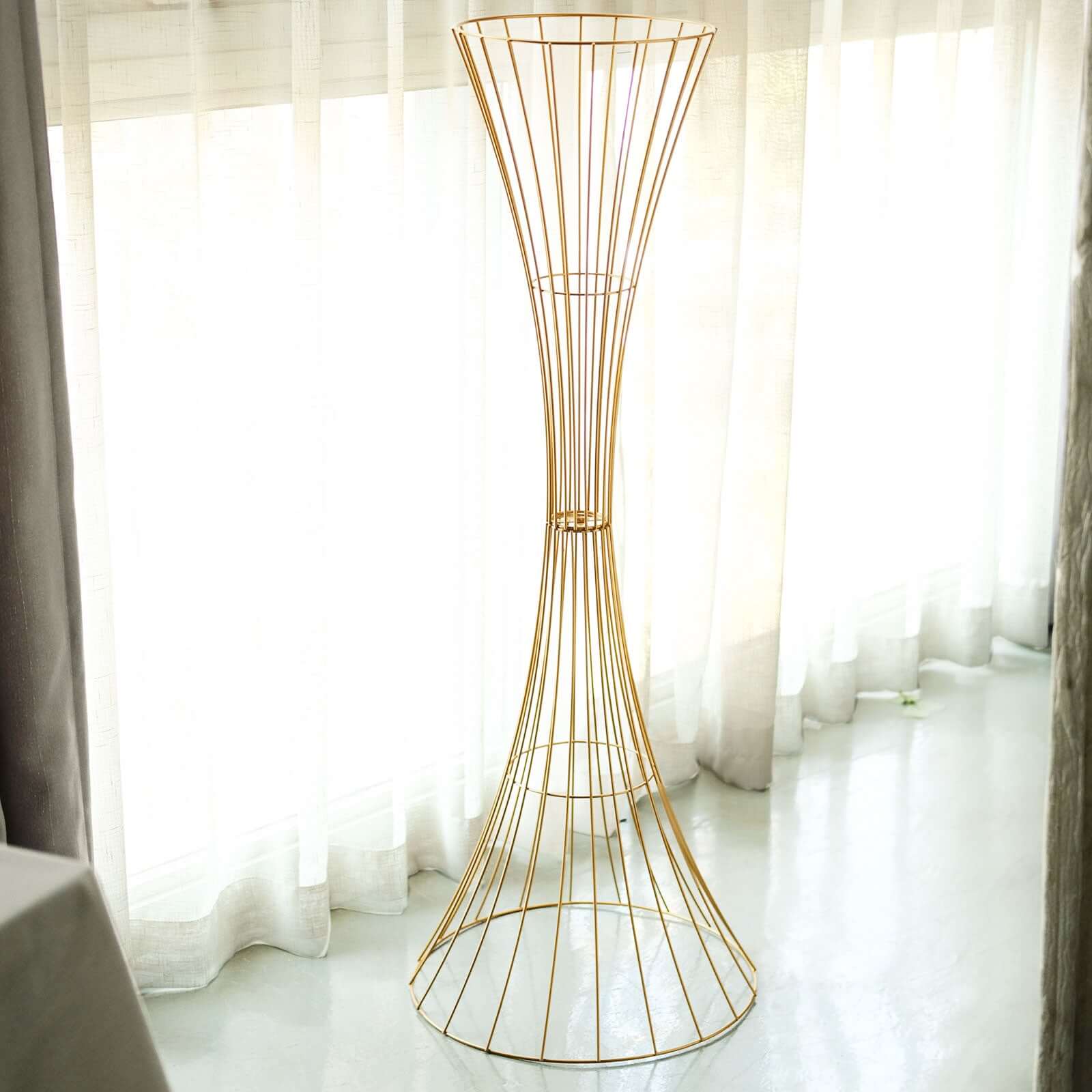 48" Tall Gold Metal Wire Hourglass Flower Frame Stand, Open Frame Reversible Trumpet Centerpiece Stand - Bell Racket Store