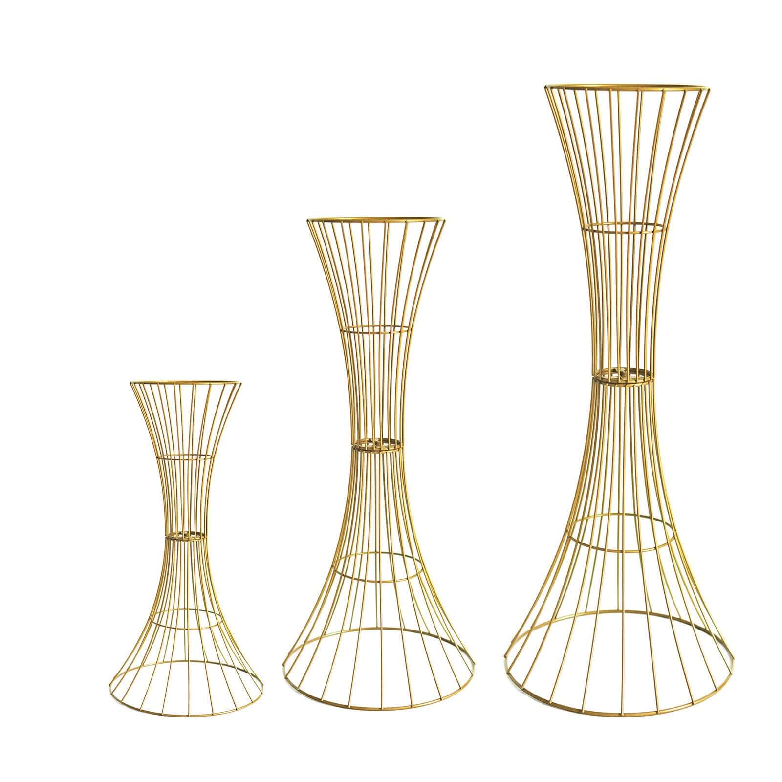 48" Tall Gold Metal Wire Hourglass Flower Frame Stand, Open Frame Reversible Trumpet Centerpiece Stand - Bell Racket Store