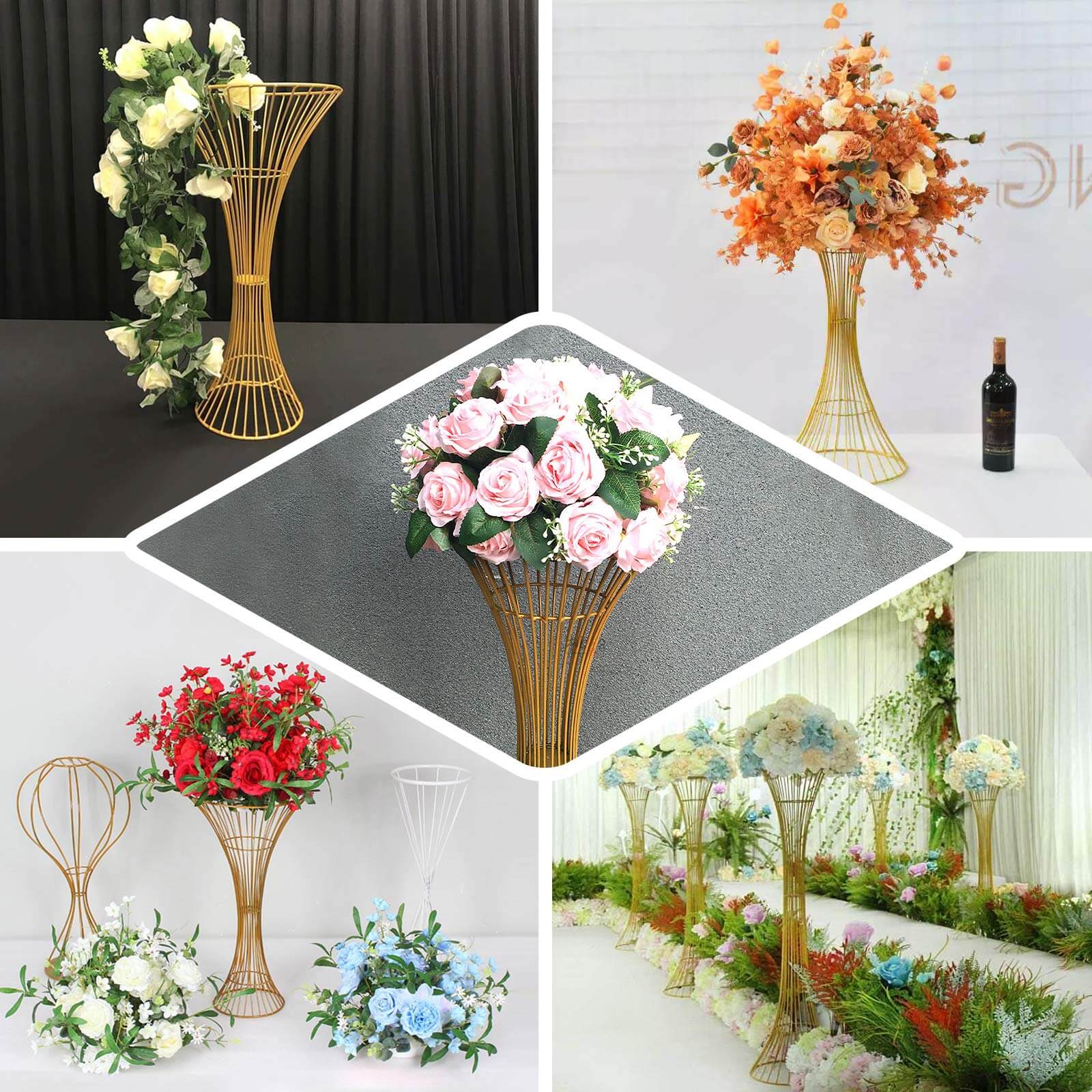 48" Tall Gold Metal Wire Hourglass Flower Frame Stand, Open Frame Reversible Trumpet Centerpiece Stand - Bell Racket Store