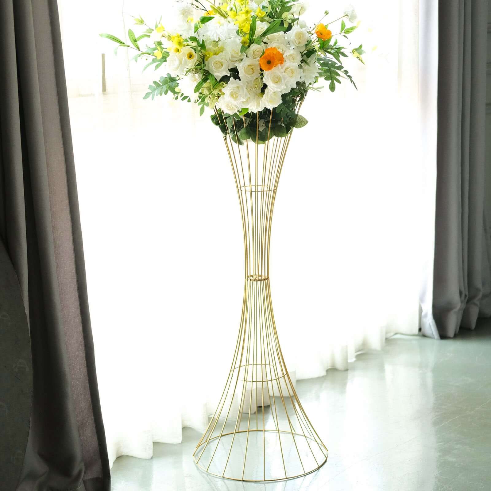 48" Tall Gold Metal Wire Hourglass Flower Frame Stand, Open Frame Reversible Trumpet Centerpiece Stand - Bell Racket Store