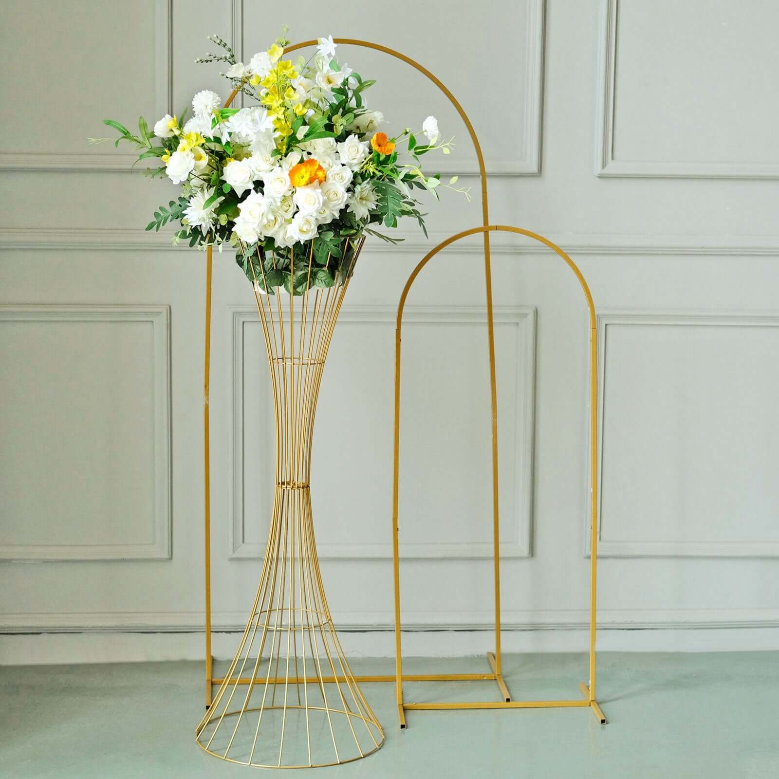 48" Tall Gold Metal Wire Hourglass Flower Frame Stand, Open Frame Reversible Trumpet Centerpiece Stand - Bell Racket Store