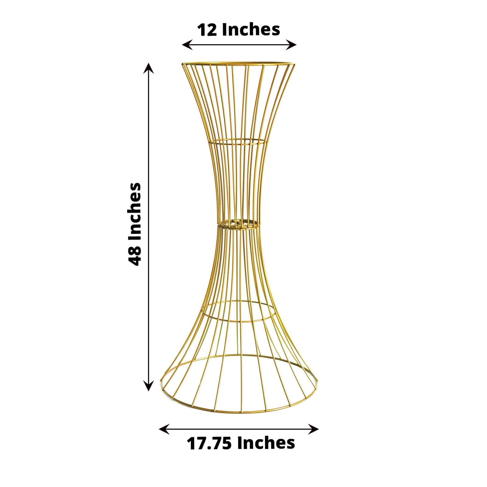 48" Tall Gold Metal Wire Hourglass Flower Frame Stand, Open Frame Reversible Trumpet Centerpiece Stand - Bell Racket Store