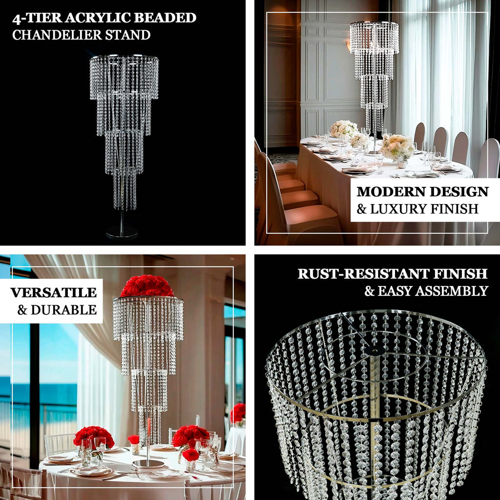 4ft Tall Event Centerpiece in Acrylic Clear Beaded Chandelier for Elegant Wedding & Party Table Decor, 4 - Tier Round Metal Floral Stand - Bell Racket Store