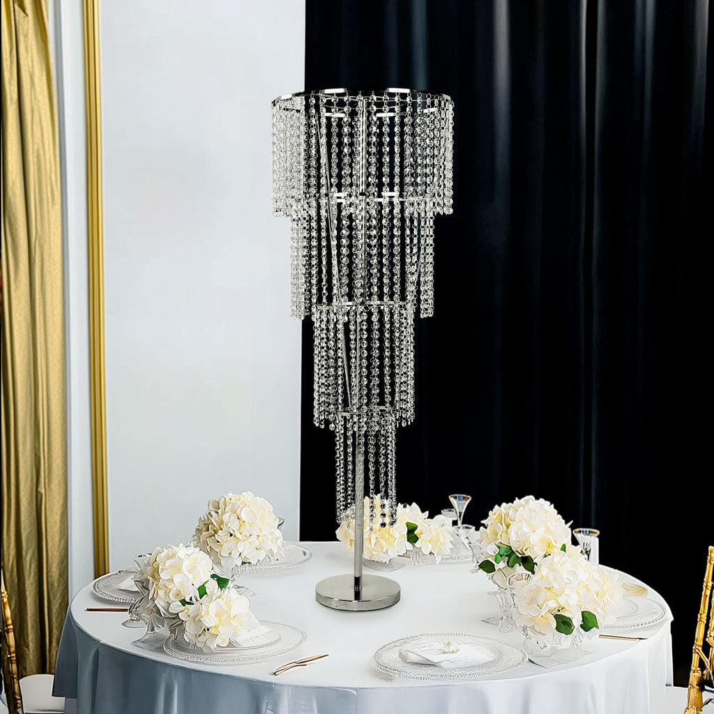 4ft Tall Event Centerpiece in Acrylic Clear Beaded Chandelier for Elegant Wedding & Party Table Decor, 4 - Tier Round Metal Floral Stand - Bell Racket Store
