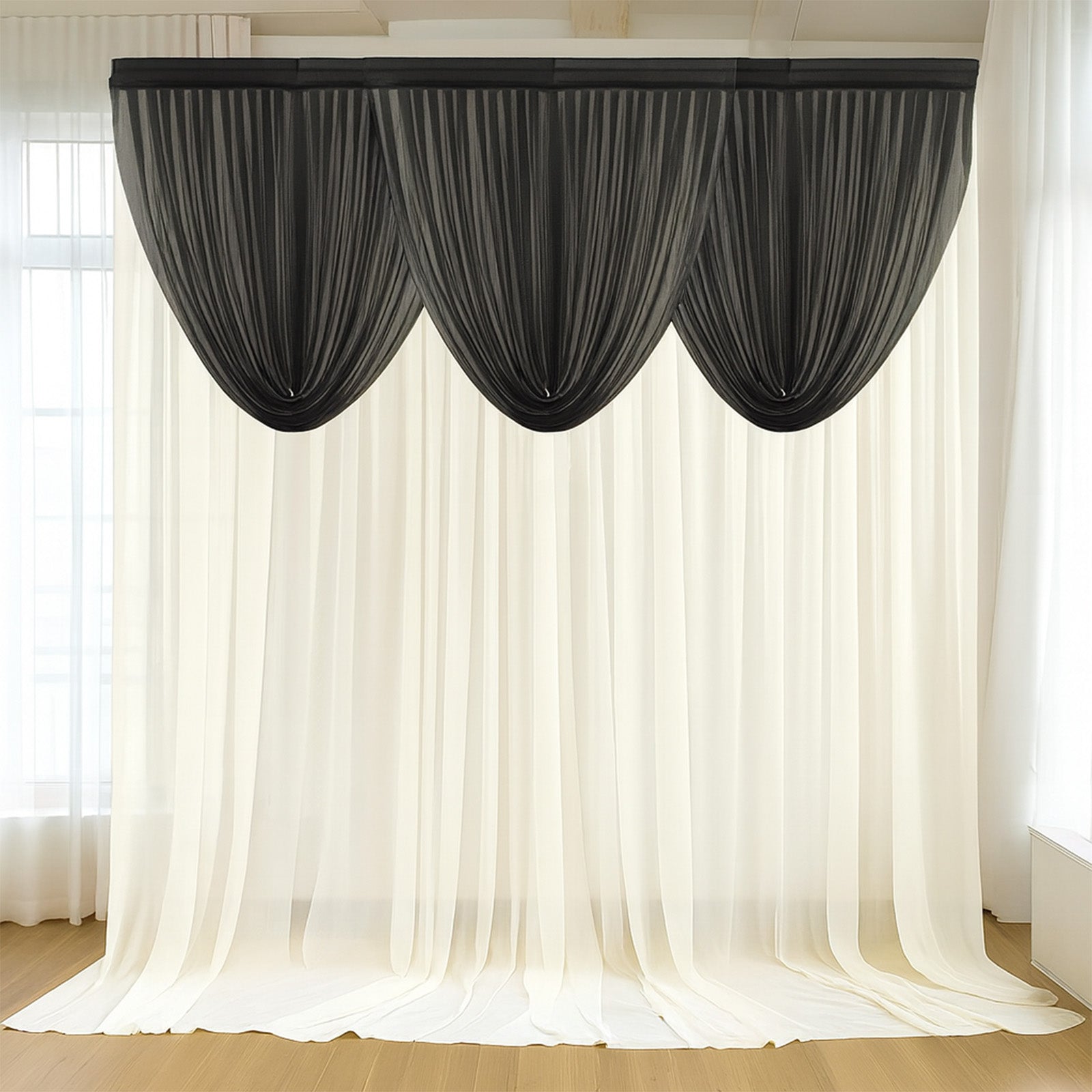 4ft x 4ft Sheer Chiffon Backdrop Valance Drapes â€“ Black Curved Swag Topper Panel - Bell Racket Store