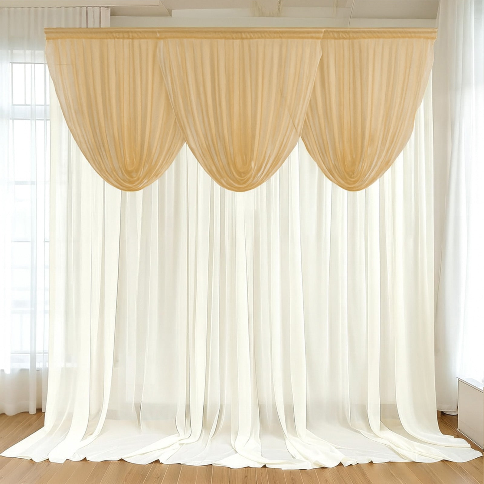 4ft x 4ft Sheer Chiffon Backdrop Valance Drapes â€“ Champagne Curved Swag Topper Panel - Bell Racket Store