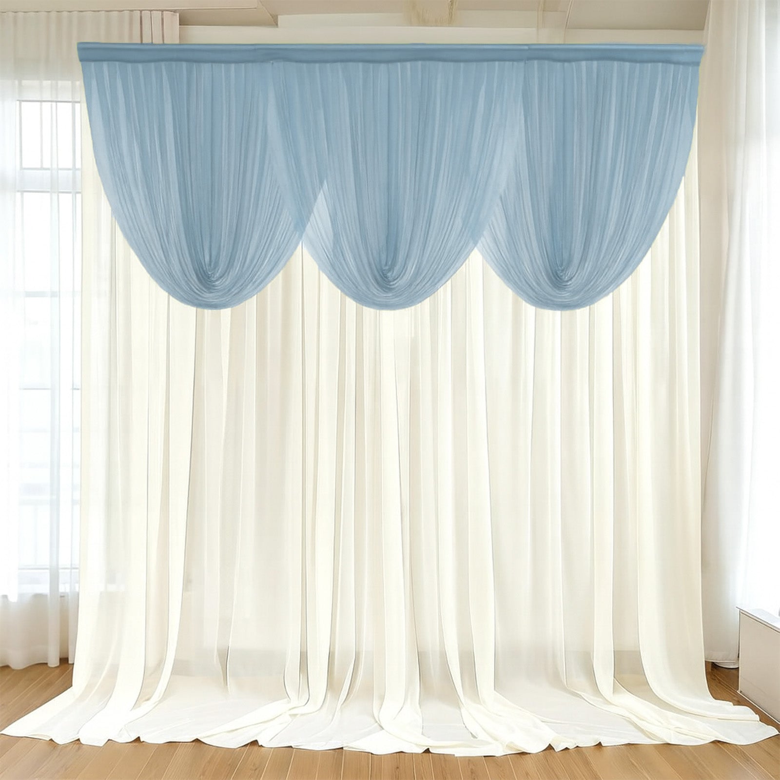 4ft x 4ft Sheer Chiffon Backdrop Valance Drapes â€“ Dusty Blue Curved Swag Topper Panel - Bell Racket Store