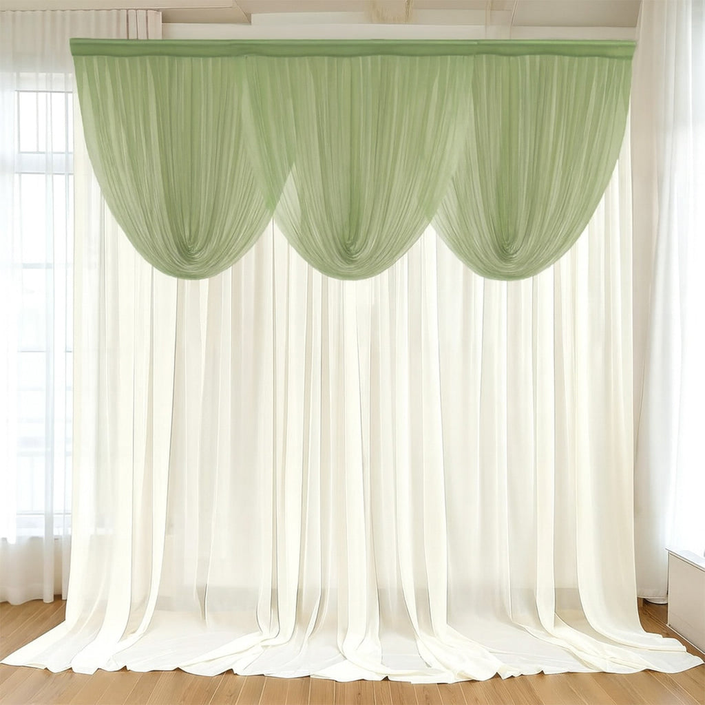 4ft x 4ft Sheer Chiffon Backdrop Valance Drapes â€“ Dusty Sage Green Curved Swag Topper Panel - Bell Racket Store