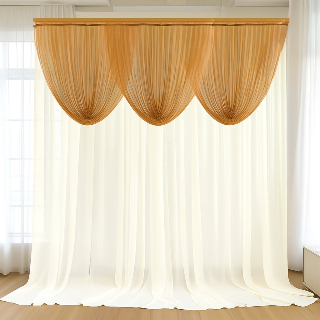 4ft x 4ft Sheer Chiffon Backdrop Valance Drapes â€“ Gold Curved Swag Topper Panel - Bell Racket Store