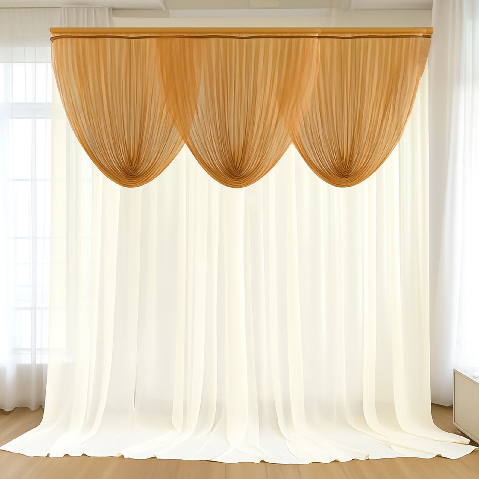 4ft x 4ft Sheer Chiffon Backdrop Valance Drapes â€“ Gold Curved Swag Topper Panel - Bell Racket Store