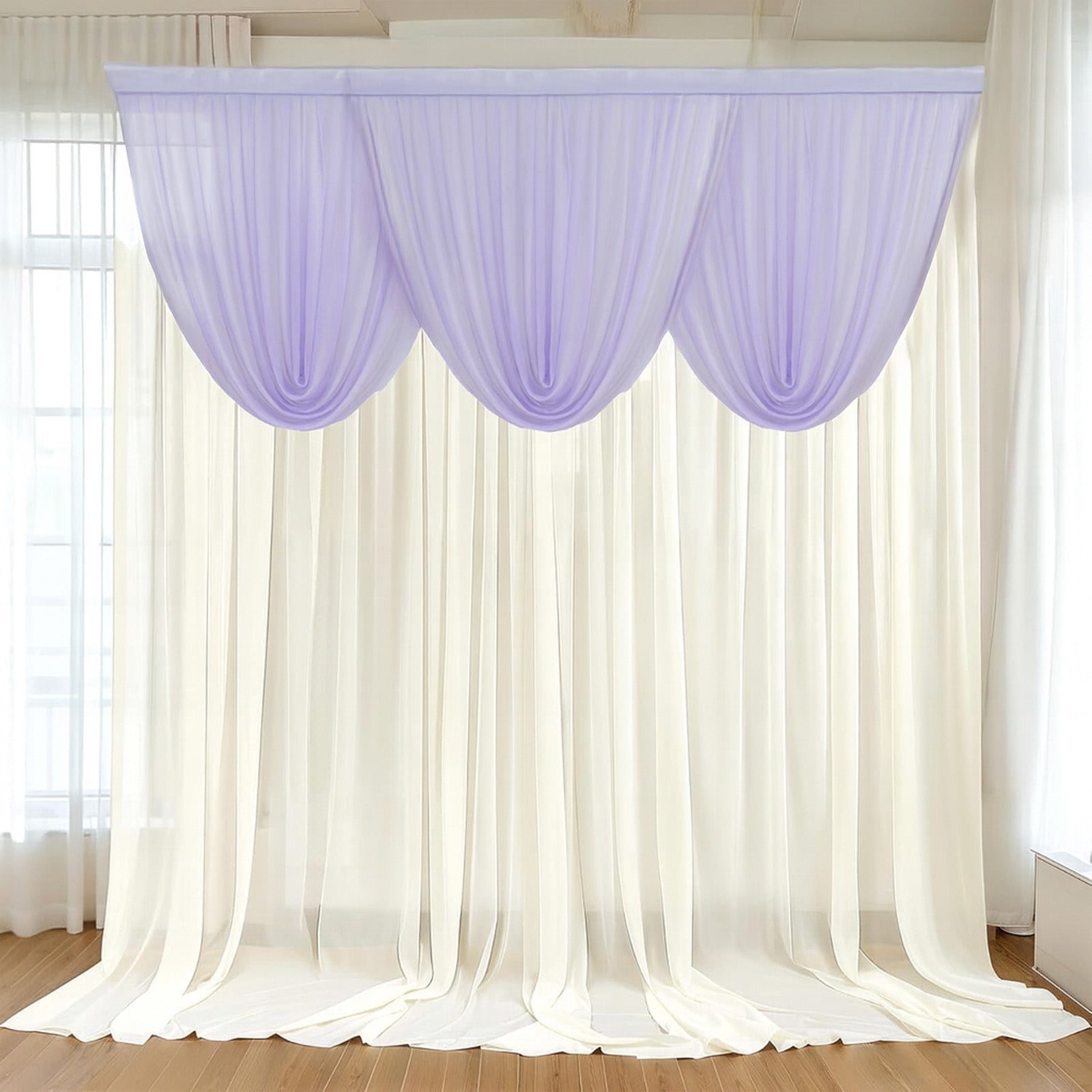 4ft x 4ft Sheer Chiffon Backdrop Valance Drapes â€“ Lavender Lilac Curved Swag Topper Panel - Bell Racket Store
