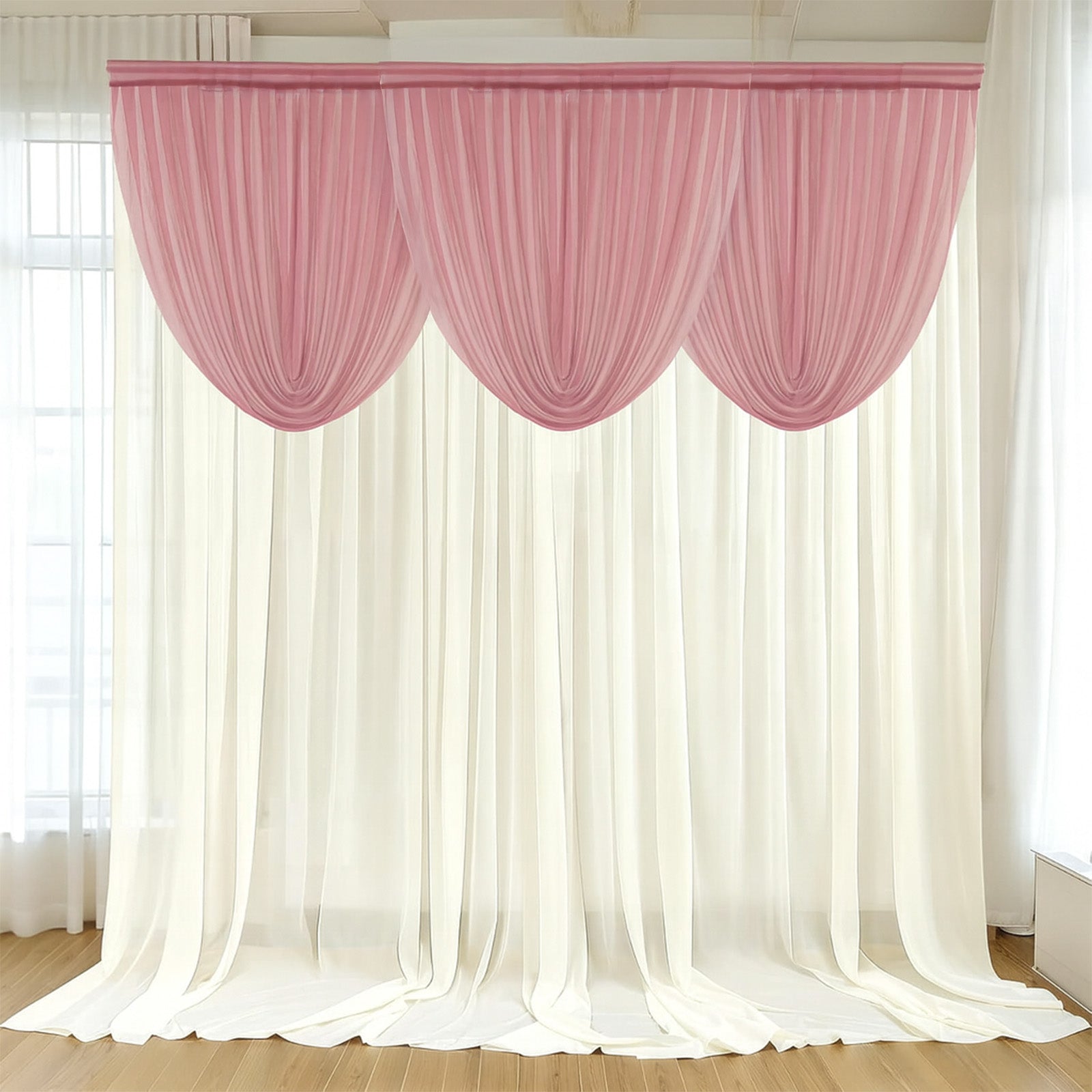 4ft x 4ft Sheer Chiffon Backdrop Valance Drapes â€“ Mauve Cinnamon Rose Curved Swag Topper Panel - Bell Racket Store