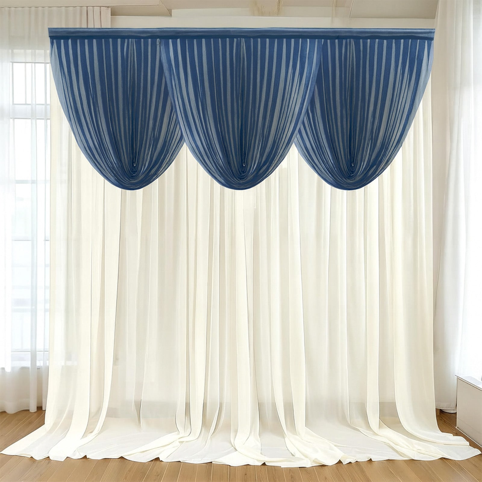 4ft x 4ft Sheer Chiffon Backdrop Valance Drapes â€“ Navy Blue Curved Swag Topper Panel - Bell Racket Store