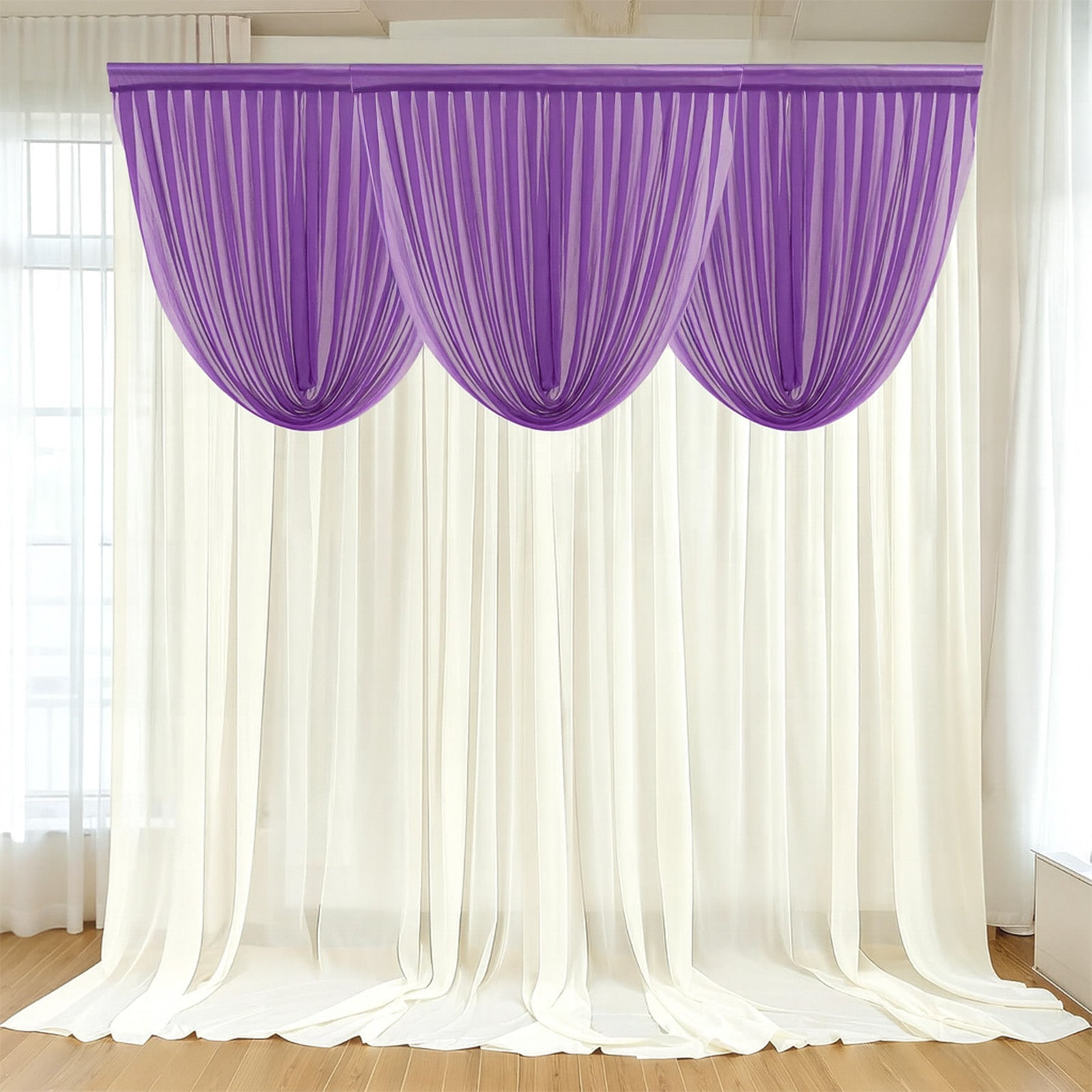 4ft x 4ft Sheer Chiffon Backdrop Valance Drapes â€“ Purple Curved Swag Topper Panel - Bell Racket Store