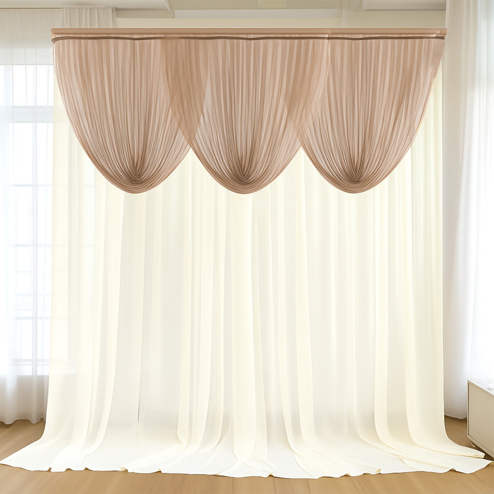 4ft x 4ft Sheer Chiffon Backdrop Valance Drapes â€“ Taupe Curved Swag Topper Panel - Bell Racket Store