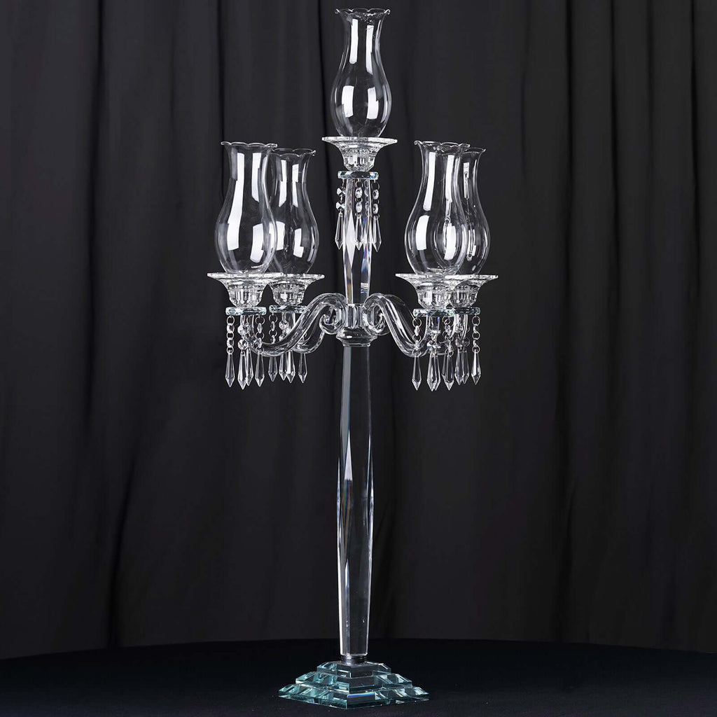 5 Arm Crystal Glass Taper Candle Holder Candelabra, Luxurious Table Centerpiece With Chandelier Chains 40"