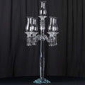 5 Arm Crystal Glass Taper Candle Holder Candelabra, Luxurious Table Centerpiece With Chandelier Chains 40"