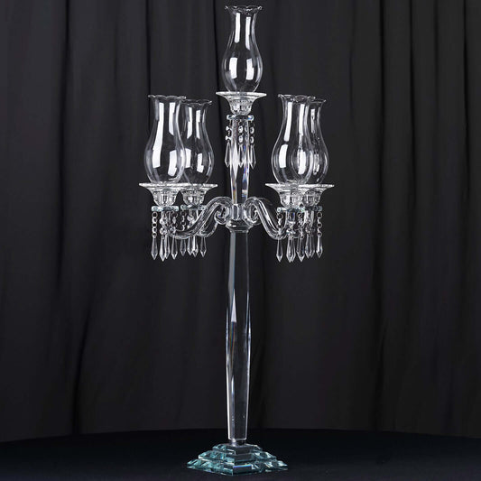 5 Arm Crystal Glass Taper Candle Holder Candelabra, Luxurious Table Centerpiece With Chandelier Chains 40"