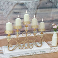 5-Arm Metal Table Candelabra Antique Gold Crown Top Design - Stylish Horizontal Table Centerpiece with Glass Votive Holders 18"