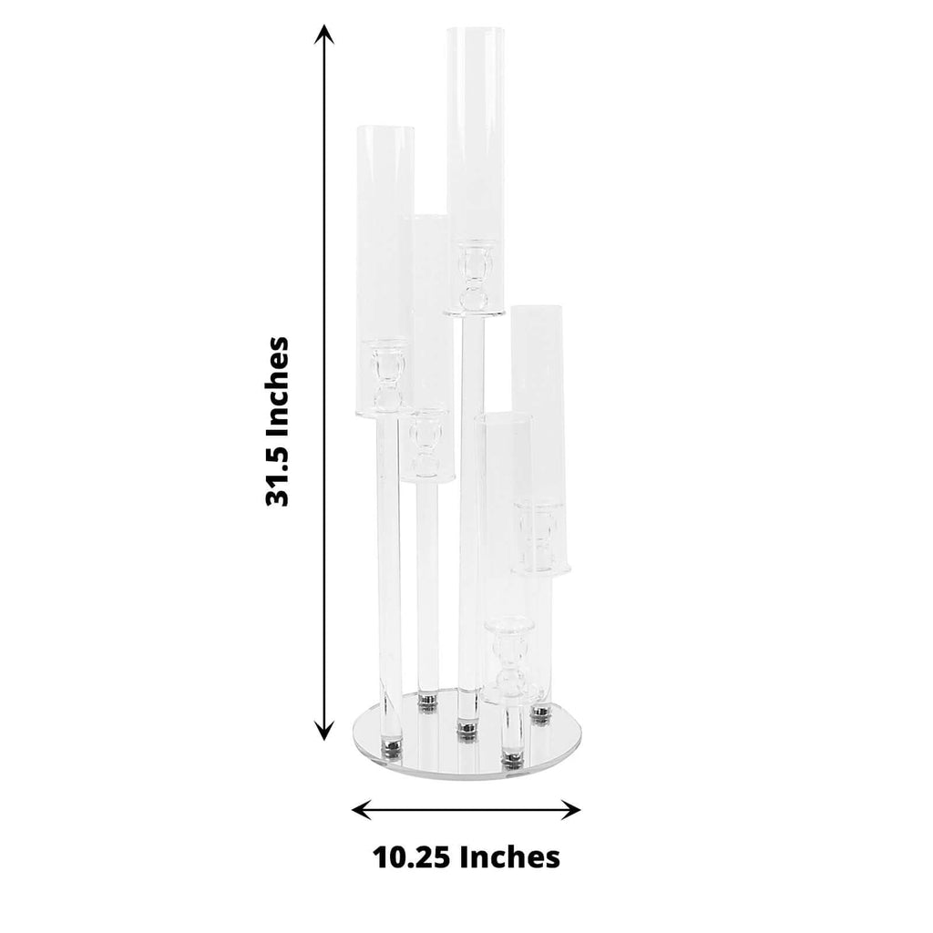 5 - Arm Round Crystal Glass Candelabra Clear Taper Design - Chic Candle Holder Table Centerpiece for Weddings & Events 32" - Bell Racket Store