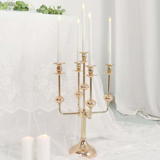 5 - Arm Taper Candelabra Wedding Candle Holder Gold Metal Table Display - Perfect for Events 20" - Bell Racket Store