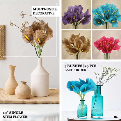 5 Bushes 19" Fuchsia Artificial Burlap Calla Lilies, Craft Flowers 25 Pcs - NestOCart