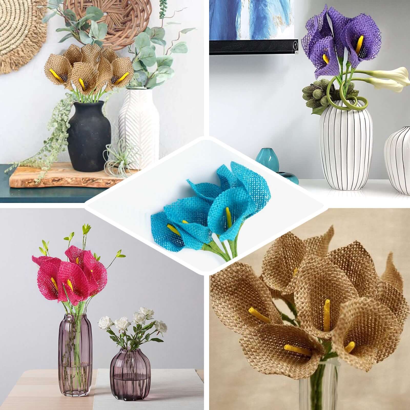 5 Bushes 19" Fuchsia Artificial Burlap Calla Lilies, Craft Flowers 25 Pcs - NestOCart